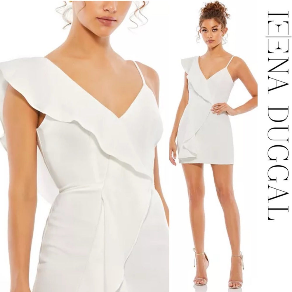 Ieena x Mac Duggal - White Asymmetrical Ruffle Mini Cocktail Dress Size 2